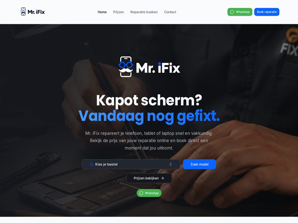 Homepage van de Mr. iFix-website met reparatiezoeker en boekingsknoppen